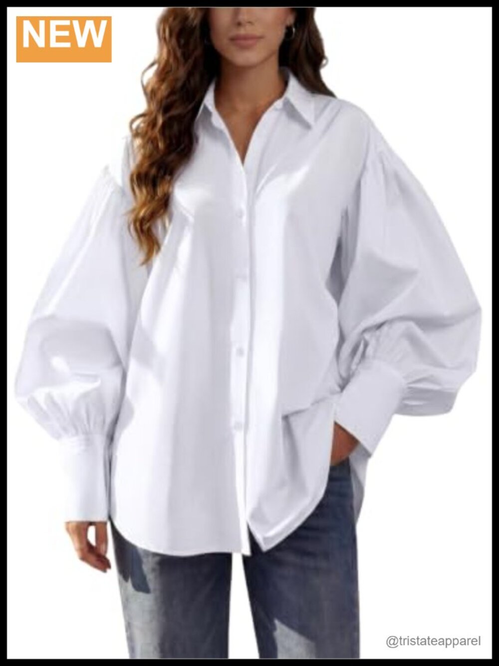Oversized Cotton Button Down Shirt with Lantern Sleeves Blouse Top